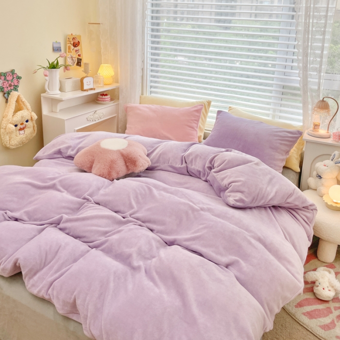 91家纺网 家纺一手货源 找家纺 慕尚 2022新款纯色搭色奶油席牛奶绒四件套 少女-紫