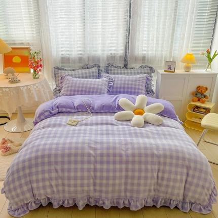 91家纺网 家纺一手货源 找家纺 （总）慕尚 2022新款花边奶油格子牛奶绒四件套