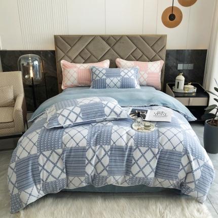 91家纺网 家纺一手货源 找家纺 慕尚 2022新款雕花绒立体牛奶绒轻奢系列四件套 华夫蓝