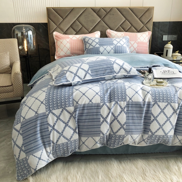 91家纺网 家纺一手货源 找家纺 慕尚 2022新款雕花绒立体牛奶绒轻奢系列四件套 华夫蓝