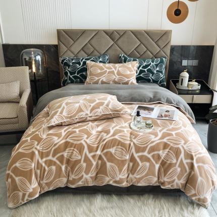 91家纺网 家纺一手货源 找家纺 慕尚 2022新款雕花绒立体牛奶绒轻奢系列四件套 树叶卡其