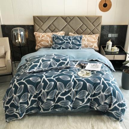 91家纺网 家纺一手货源 找家纺 慕尚 2022新款雕花绒立体牛奶绒轻奢系列四件套 树叶蓝