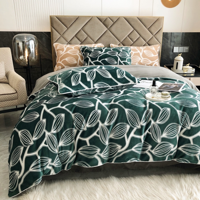 91家纺网 家纺一手货源 找家纺 慕尚 2022新款雕花绒立体牛奶绒轻奢系列四件套 树叶绿