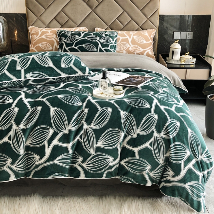 91家纺网 家纺一手货源 找家纺 慕尚 2022新款雕花绒立体牛奶绒轻奢系列四件套 树叶绿