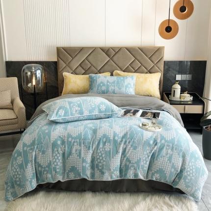 91家纺网 家纺一手货源 找家纺 慕尚 2022新款雕花绒立体牛奶绒轻奢系列四件套 小熊蓝