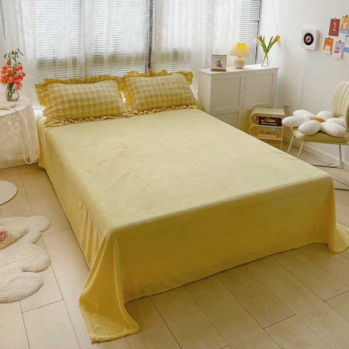 91家纺网 家纺一手货源 找家纺 慕尚2022新款花边奶油格子牛奶绒四件套 花边 奶油格子-黄