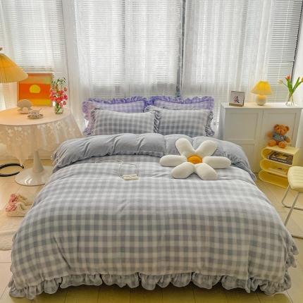 91家纺网 家纺一手货源 找家纺 慕尚2022新款花边奶油格子牛奶绒四件套 花边 奶油格子-灰