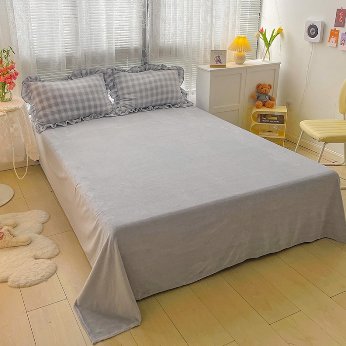 91家纺网 家纺一手货源 找家纺 慕尚2022新款花边奶油格子牛奶绒四件套 花边 奶油格子-灰