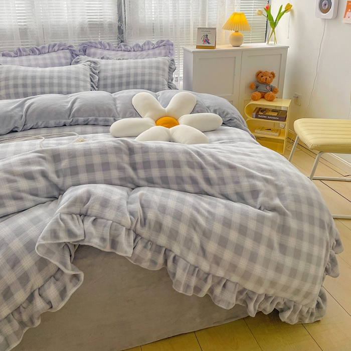 91家纺网 家纺一手货源 找家纺 慕尚2022新款花边奶油格子牛奶绒四件套 花边 奶油格子-灰