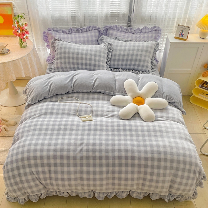 91家纺网 家纺一手货源 找家纺 慕尚2022新款花边奶油格子牛奶绒四件套 花边 奶油格子-灰