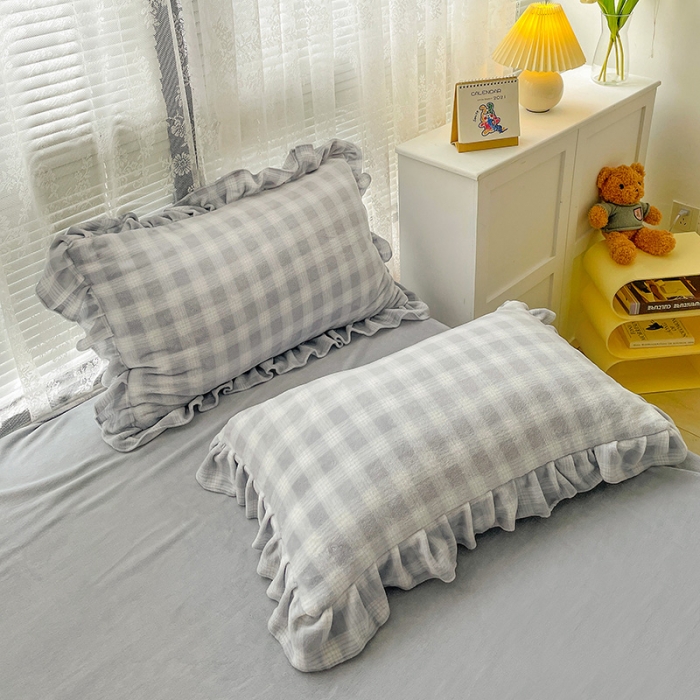 91家纺网 家纺一手货源 找家纺 慕尚2022新款花边奶油格子牛奶绒四件套 花边 奶油格子-灰