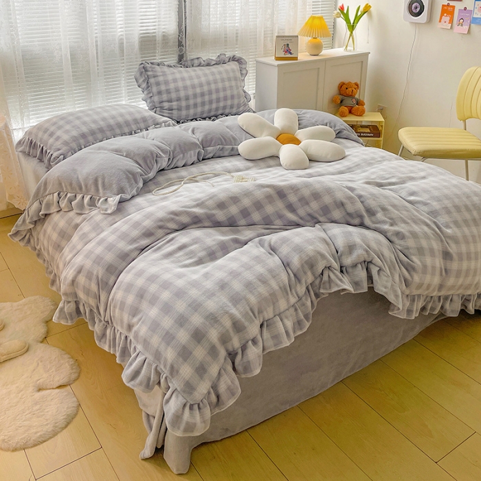 91家纺网 家纺一手货源 找家纺 慕尚2022新款花边奶油格子牛奶绒四件套 花边 奶油格子-灰