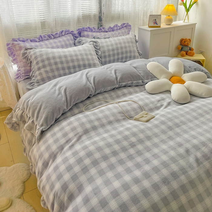 91家纺网 家纺一手货源 找家纺 慕尚2022新款花边奶油格子牛奶绒四件套 花边 奶油格子-灰