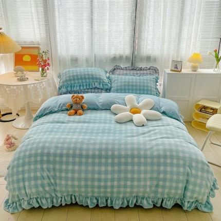 91家纺网 家纺一手货源 找家纺 慕尚2022新款花边奶油格子牛奶绒四件套 花边 奶油格子-蓝