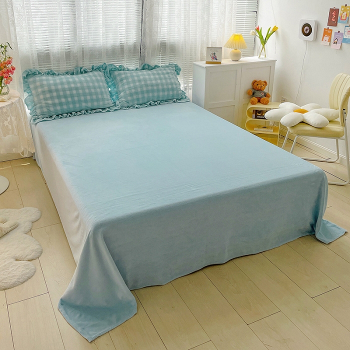 91家纺网 家纺一手货源 找家纺 慕尚2022新款花边奶油格子牛奶绒四件套 花边 奶油格子-蓝