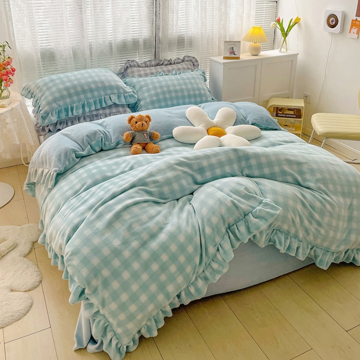 91家纺网 家纺一手货源 找家纺 慕尚2022新款花边奶油格子牛奶绒四件套 花边 奶油格子-蓝