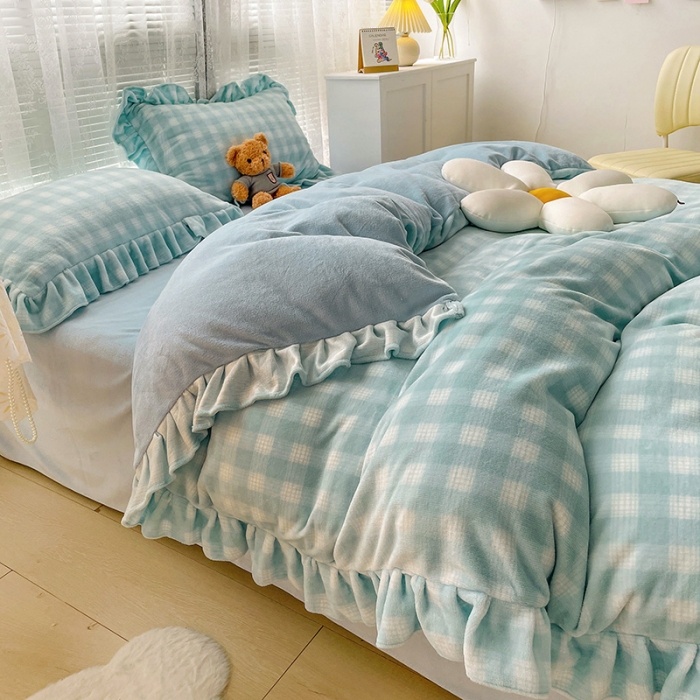 91家纺网 家纺一手货源 找家纺 慕尚2022新款花边奶油格子牛奶绒四件套 花边 奶油格子-蓝