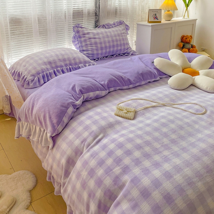 91家纺网 家纺一手货源 找家纺 慕尚2022新款花边奶油格子牛奶绒四件套 花边 奶油格子-紫