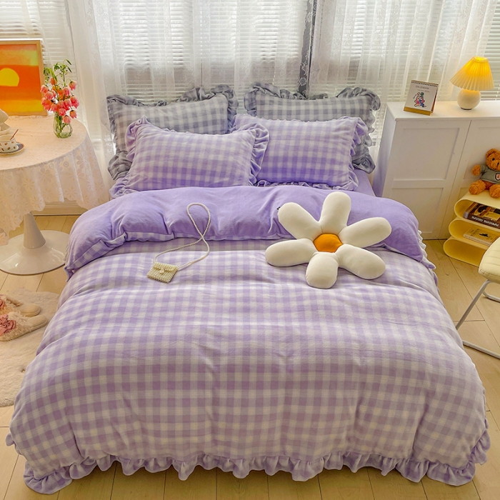 91家纺网 家纺一手货源 找家纺 慕尚2022新款花边奶油格子牛奶绒四件套 花边 奶油格子-紫
