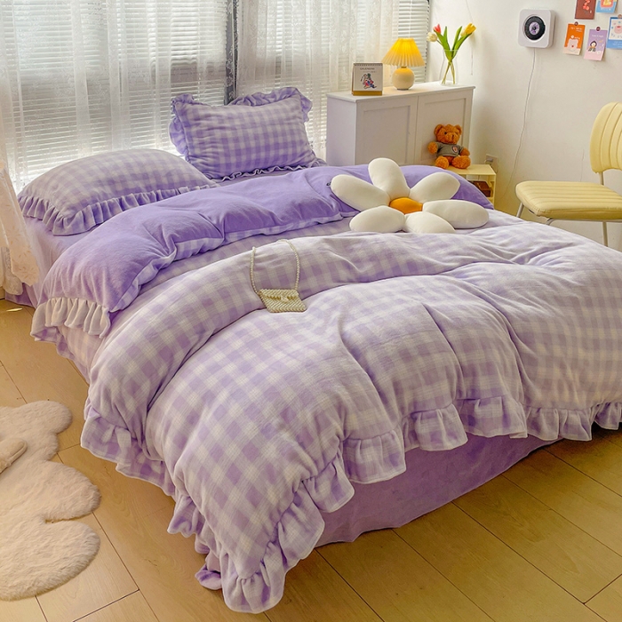 91家纺网 家纺一手货源 找家纺 慕尚2022新款花边奶油格子牛奶绒四件套 花边 奶油格子-紫