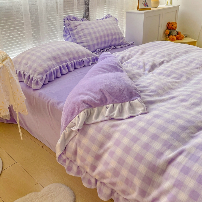 91家纺网 家纺一手货源 找家纺 慕尚2022新款花边奶油格子牛奶绒四件套 花边 奶油格子-紫