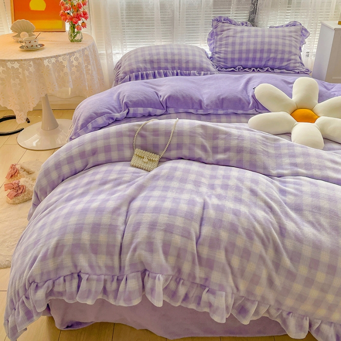 91家纺网 家纺一手货源 找家纺 慕尚2022新款花边奶油格子牛奶绒四件套 花边 奶油格子-紫