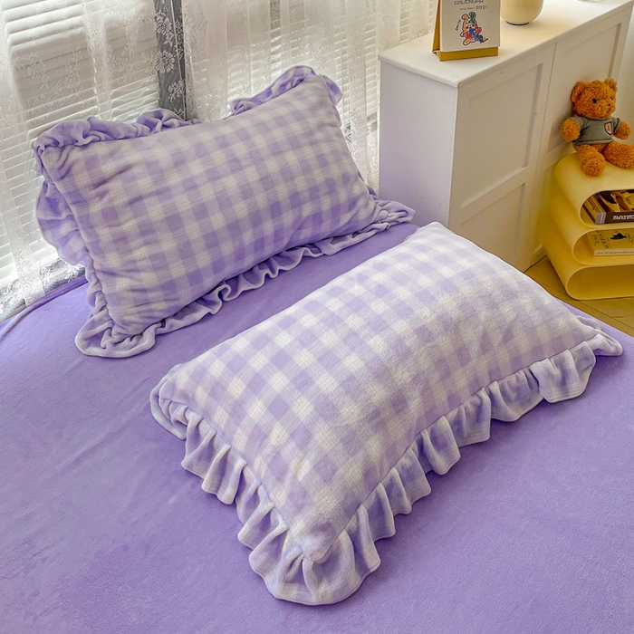 91家纺网 家纺一手货源 找家纺 慕尚2022新款花边奶油格子牛奶绒四件套 花边 奶油格子-紫