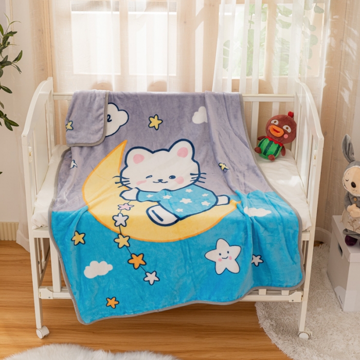 91家纺网 家纺一手货源 找家纺 卡奥家纺 2021新款大版卡通毛毯儿童抱被盖毯 月亮猫