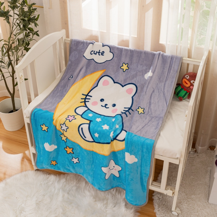 91家纺网 家纺一手货源 找家纺 卡奥家纺 2021新款大版卡通毛毯儿童抱被盖毯 月亮猫