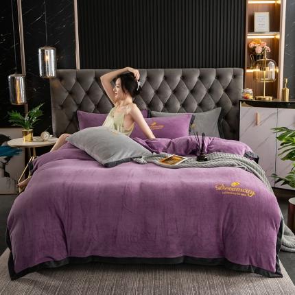 91家纺网 家纺一手货源 找家纺 莎臣豹 新款高克重牛奶绒拼角包边刺绣绣花四件套 梦城系-紫青