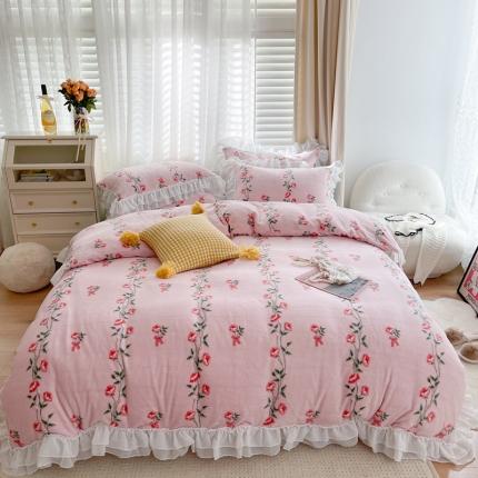 91家纺网 家纺一手货源 找家纺 眠屿 2021新款牛奶绒韩版花卉款四件套 晨汐-粉
