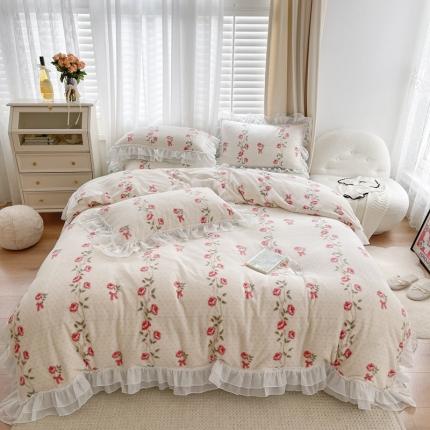 91家纺网 家纺一手货源 找家纺 眠屿 2021新款牛奶绒韩版花卉款四件套 晨汐-白