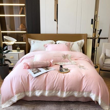 91家纺网 家纺一手货源 找家纺 馨蕊家居秋冬新品100支澳棉四件套高定系列-美人鱼 柔雾粉
