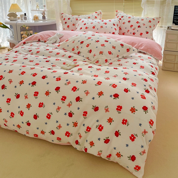 91家纺网 家纺一手货源 找家纺 慕尚2022新款田园花卉类牛奶绒四件套 浅碎时光