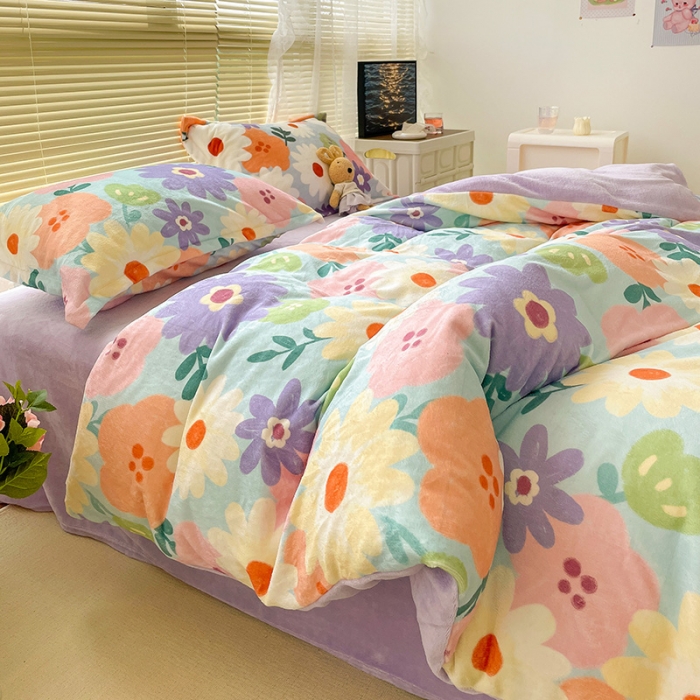 91家纺网 家纺一手货源 找家纺 慕尚2022新款田园花卉类牛奶绒四件套 布蓝卡