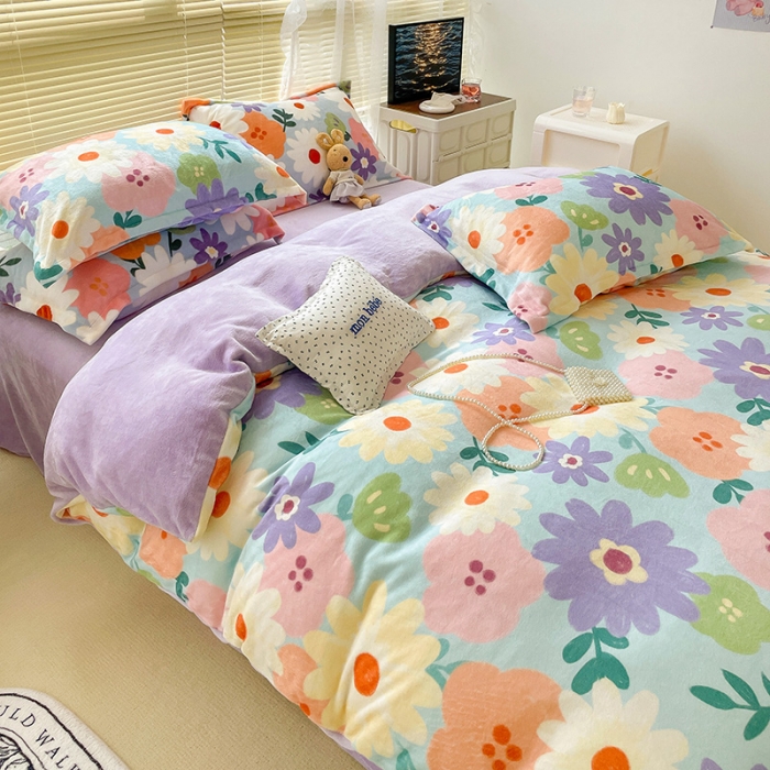 91家纺网 家纺一手货源 找家纺 慕尚2022新款田园花卉类牛奶绒四件套 布蓝卡