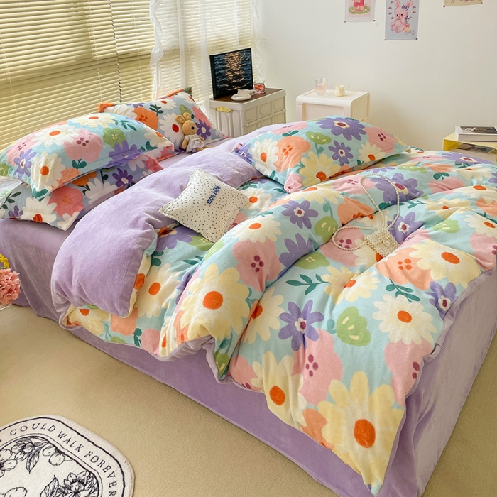 91家纺网 家纺一手货源 找家纺 慕尚2022新款田园花卉类牛奶绒四件套 布蓝卡