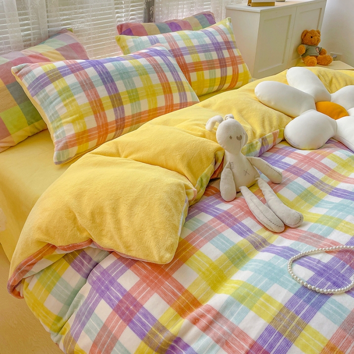 91家纺网 家纺一手货源 找家纺 （总）慕尚2022新款撞色果冻格子复古格子牛奶绒四件套