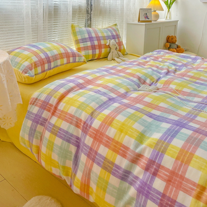 91家纺网 家纺一手货源 找家纺 （总）慕尚2022新款撞色果冻格子复古格子牛奶绒四件套