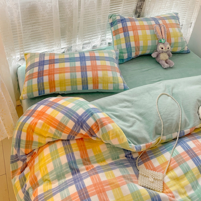 91家纺网 家纺一手货源 找家纺 慕尚2022新款撞色果冻格子复古格子牛奶绒四件套 果冻格子-绿