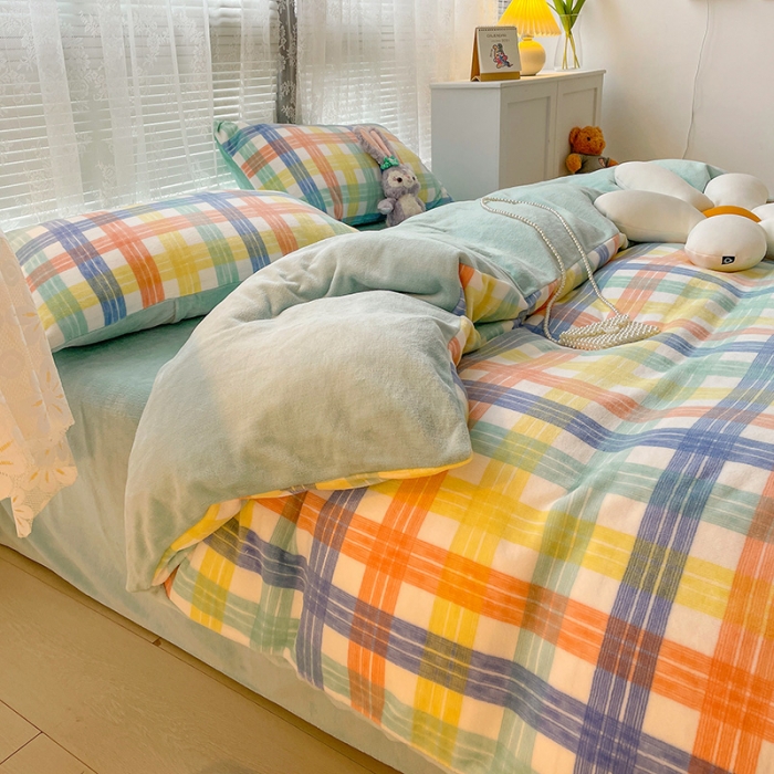 91家纺网 家纺一手货源 找家纺 慕尚2022新款撞色果冻格子复古格子牛奶绒四件套 果冻格子-绿