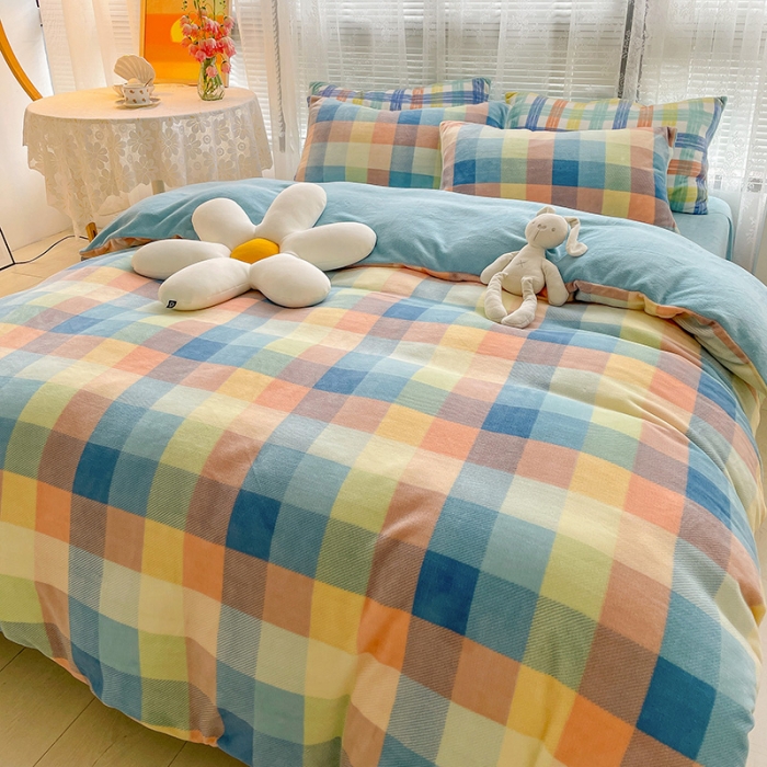 91家纺网 家纺一手货源 找家纺 慕尚2022新款撞色果冻格子复古格子牛奶绒四件套 果冻格子-蓝