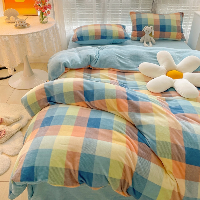 91家纺网 家纺一手货源 找家纺 慕尚2022新款撞色果冻格子复古格子牛奶绒四件套 果冻格子-蓝