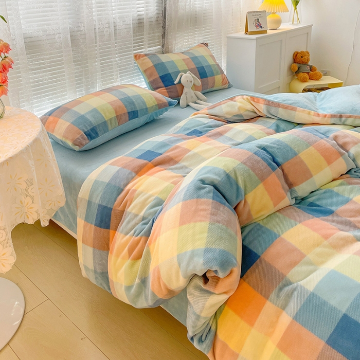 91家纺网 家纺一手货源 找家纺 慕尚2022新款撞色果冻格子复古格子牛奶绒四件套 果冻格子-蓝