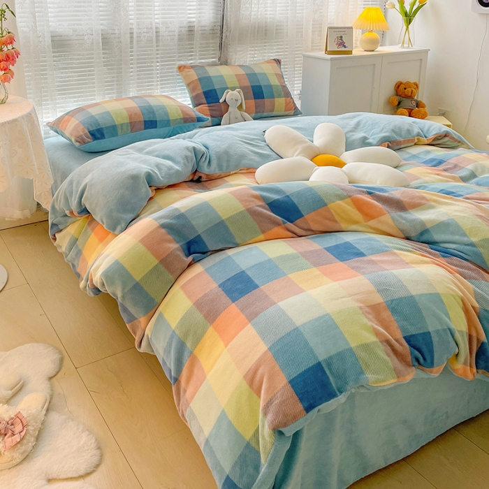 91家纺网 家纺一手货源 找家纺 慕尚2022新款撞色果冻格子复古格子牛奶绒四件套 果冻格子-蓝