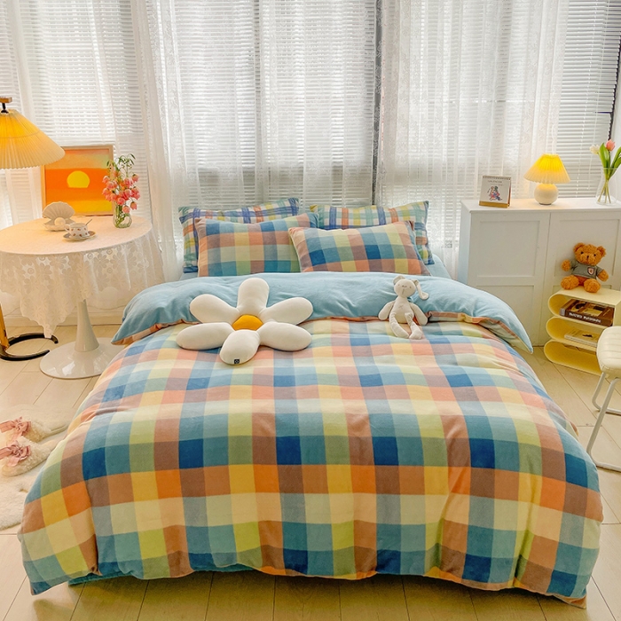 91家纺网 家纺一手货源 找家纺 慕尚2022新款撞色果冻格子复古格子牛奶绒四件套 果冻格子-蓝