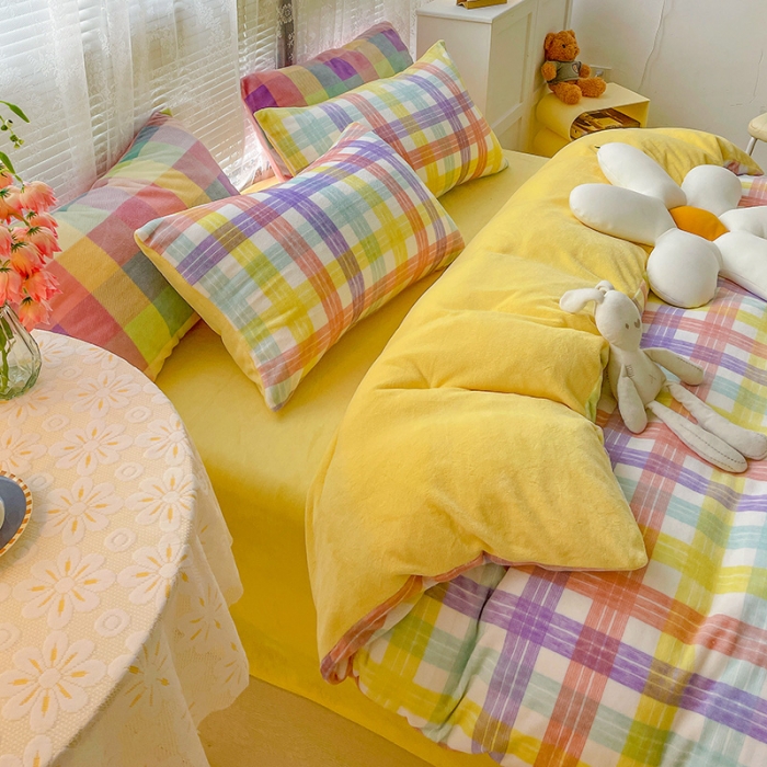 91家纺网 家纺一手货源 找家纺 慕尚2022新款撞色果冻格子复古格子牛奶绒四件套 果冻格子-黄