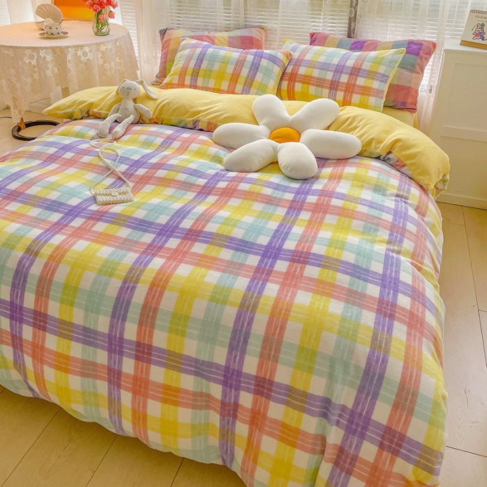 91家纺网 家纺一手货源 找家纺 慕尚2022新款撞色果冻格子复古格子牛奶绒四件套 果冻格子-黄