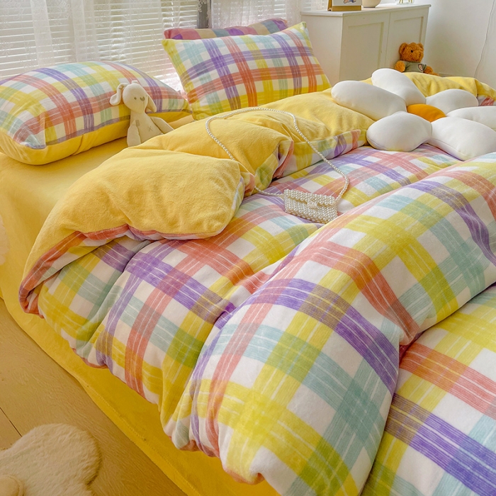 91家纺网 家纺一手货源 找家纺 慕尚2022新款撞色果冻格子复古格子牛奶绒四件套 果冻格子-黄