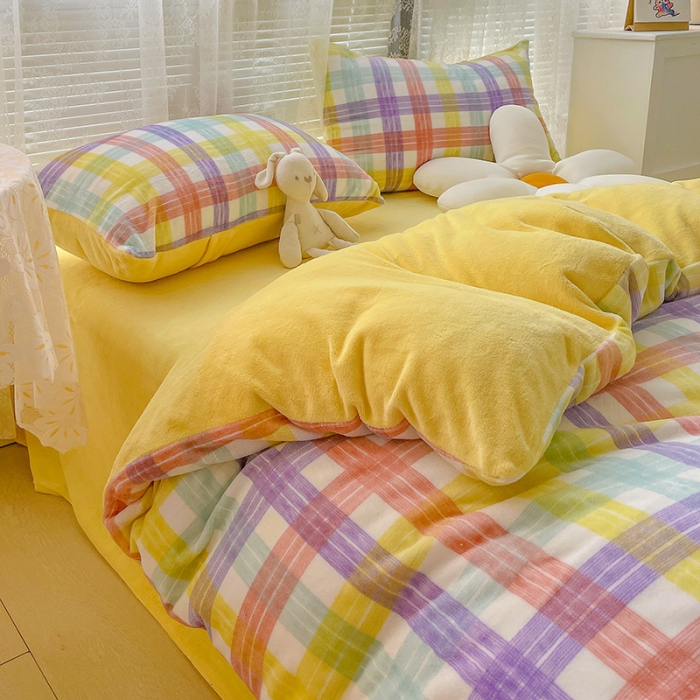 91家纺网 家纺一手货源 找家纺 慕尚2022新款撞色果冻格子复古格子牛奶绒四件套 果冻格子-黄